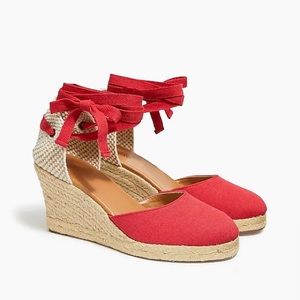 New JCrew red Canvas ankle-wrap espadrille wedges